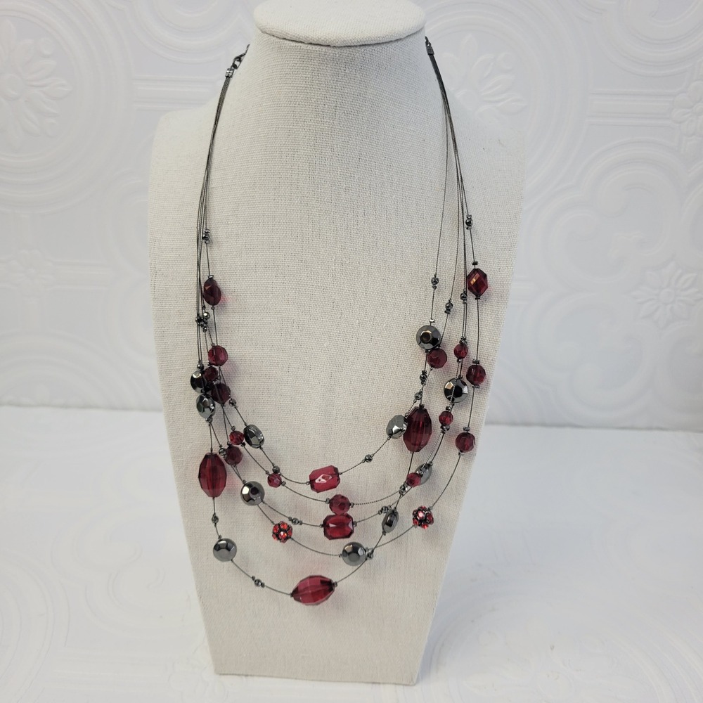 Ruby Red Gunmetal Multi Strand Illusion Necklace‎ Faceted Crystal Layered